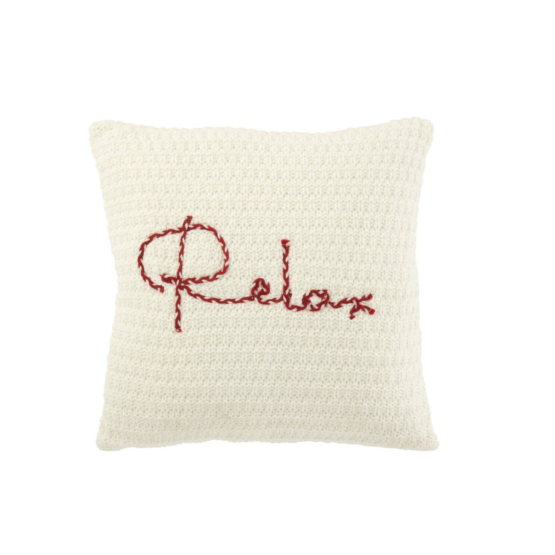 Cosy knitted cushion with Relax lettering in white red