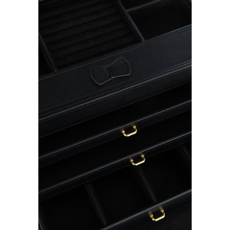 Elegant jewelry box with handle and mirror made of imitation leather in black