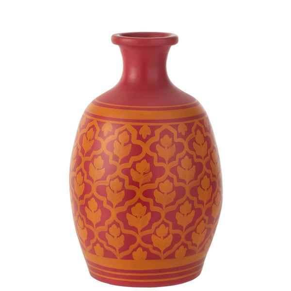 Ceramic vase "Flowers and Lines" in pink and orange - terracotta