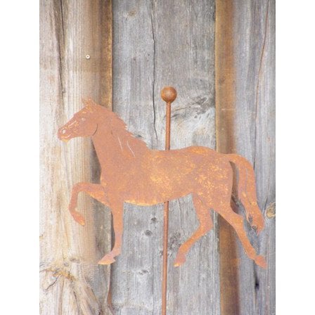 Metal decoration horse as garden stake or on base plate rust figure