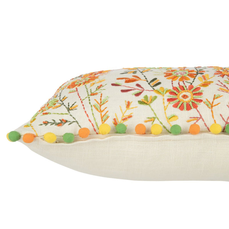 Cushion Rectangular Flowers + Pompoms – Cotton – White/Orange