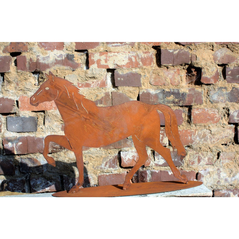 Metal decoration horse as garden stake or on base plate rust figure