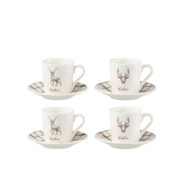 Set of 4 tea espresso cups with saucers reindeer design ceramic 80 ml white brown