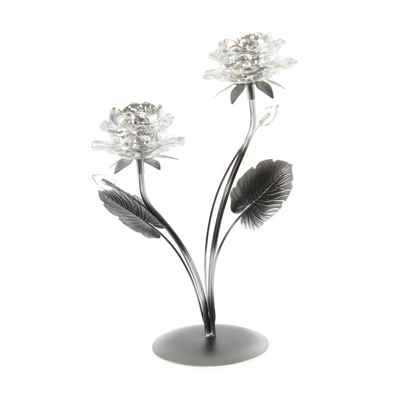 Decorative glass tealight holder flower for two tealights, 22.5 x 12.5 x 32.5 cm, silver - For stylish accents