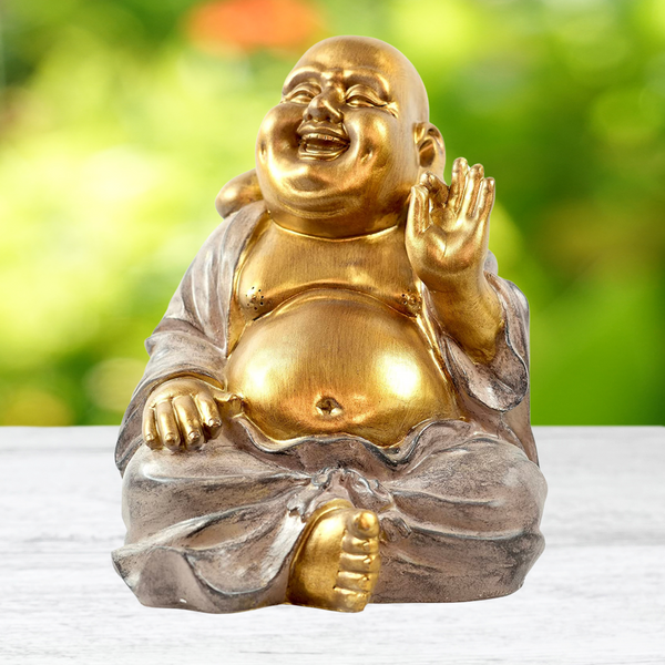 XXL MF Laughing Buddha figure with a big belly Sculpture Deco Feng Shui Yoga Meditation in gold / gray Height 33cm