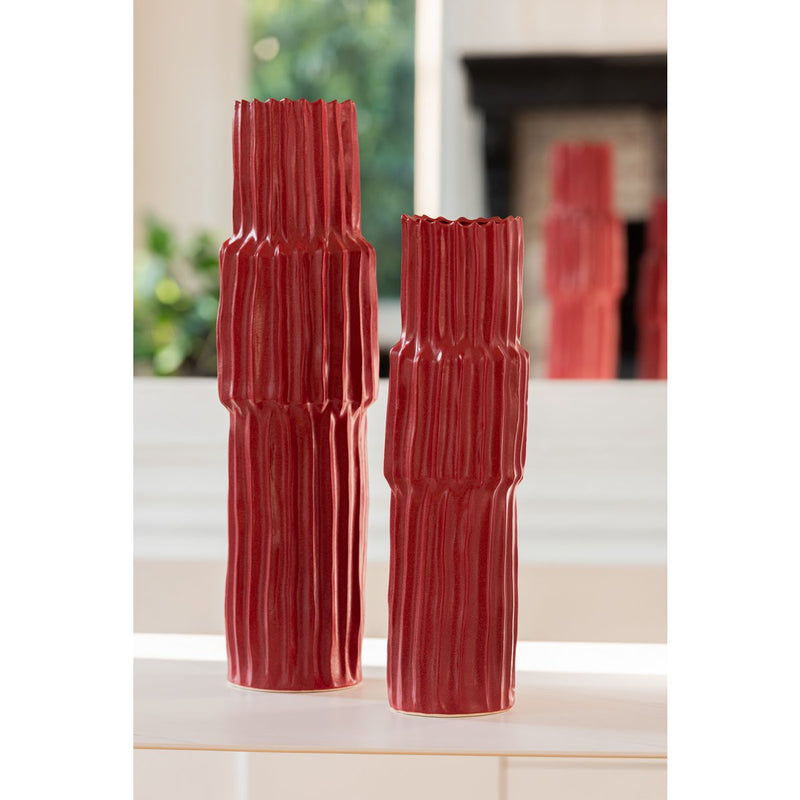 Vase Corrugated Porcelain Red 60 cm