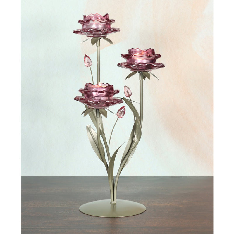 Decorative glass tealight holder flower for three tealights, 22 x 18 x 39.5 cm, purple - For atmospheric accents
