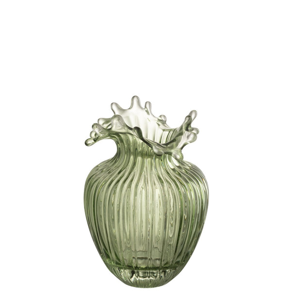 Small glass vase with flower rim and khaki lines – 21 cm