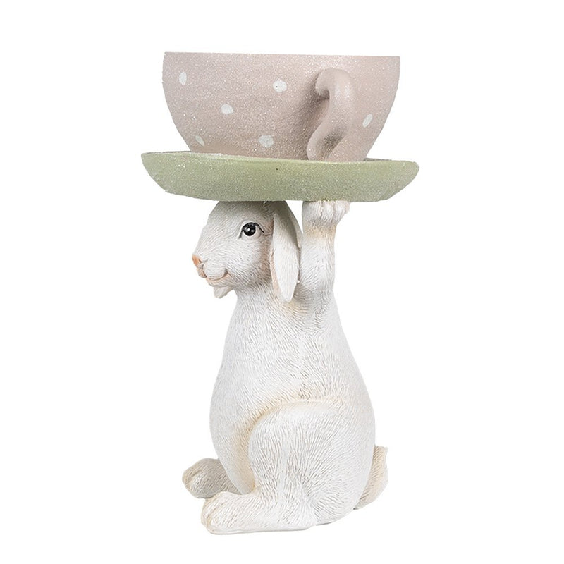 Skulptur Hase mit Kaffebecher Beige Pink