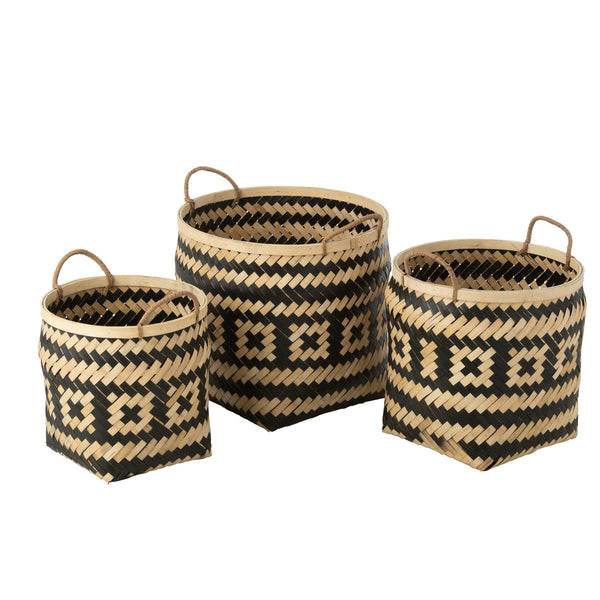 Set of 3 storage baskets with handles made of bamboo and jute in natural/black