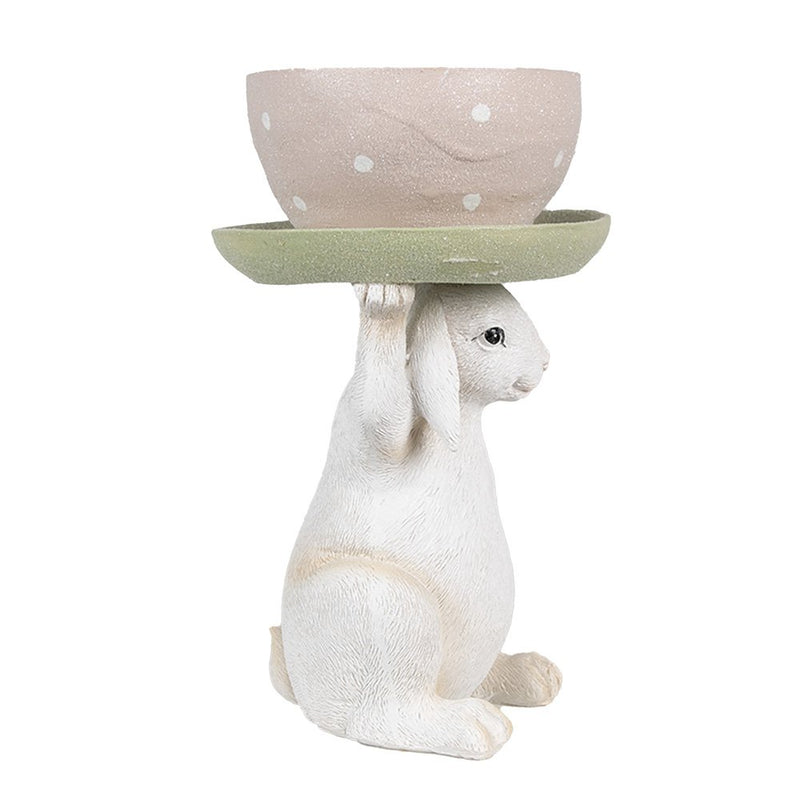 Skulptur Hase mit Kaffebecher Beige Pink