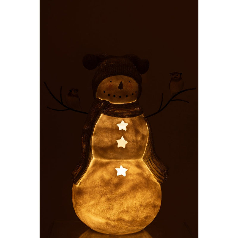 Schneemann LED Figur mit Vögeln 50 cm Weiß Grau