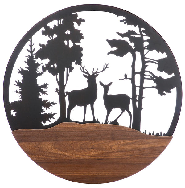 Set of 2 wall relief "Deer in the Forest" 60cm - metal &amp; MDF in dark brown/natural