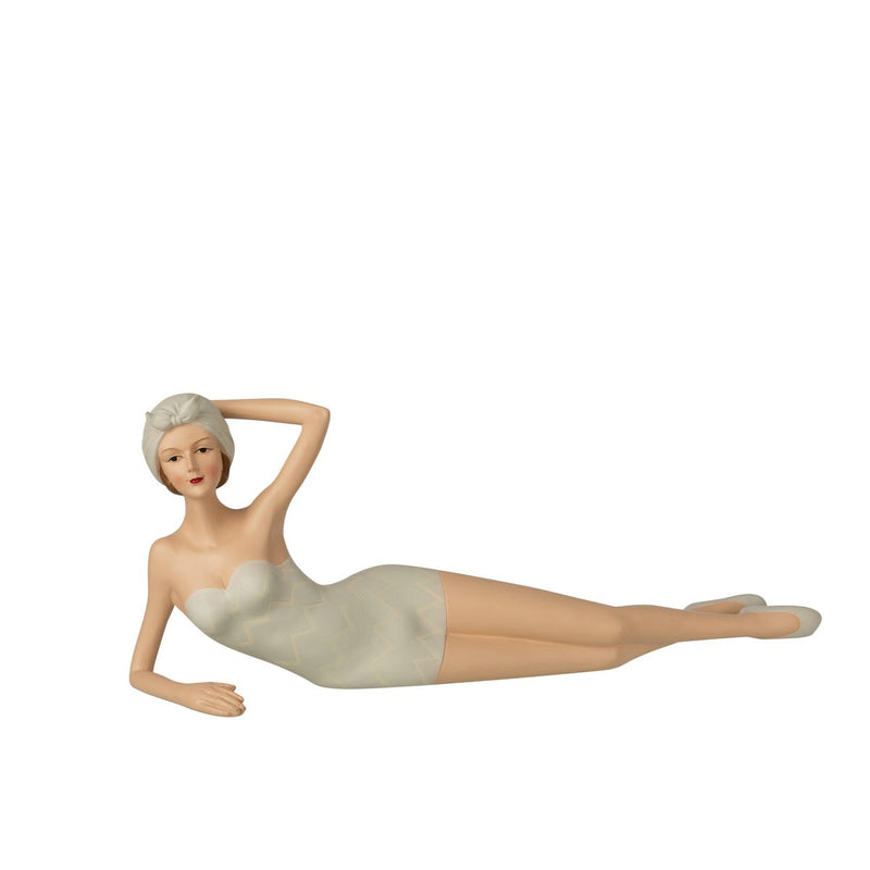 Lying female figure in swimsuit - grey beige polyresin decoration