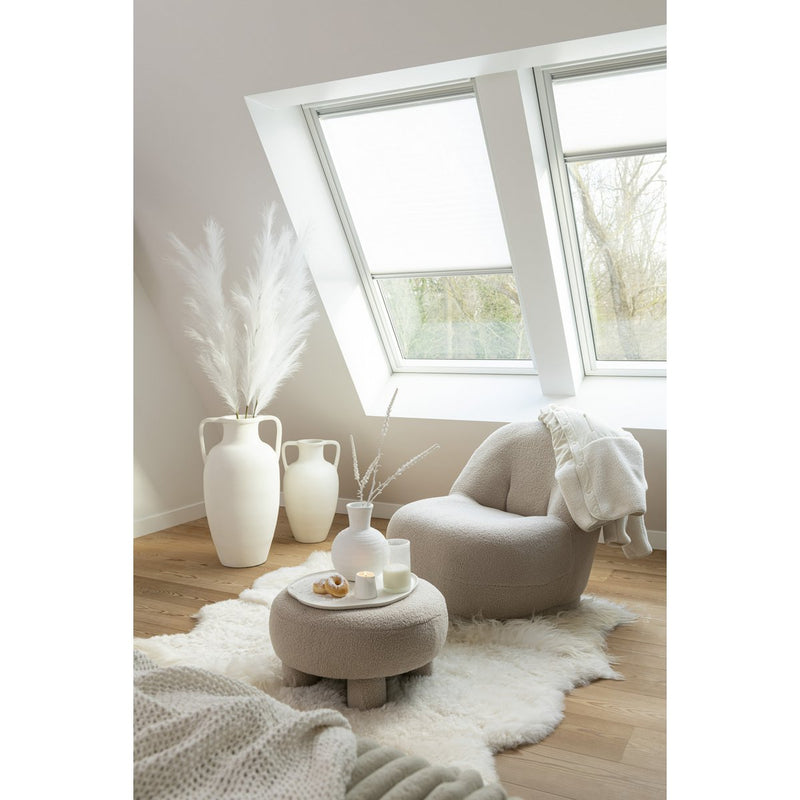 Round stool made of teddy bouclé in warm beige