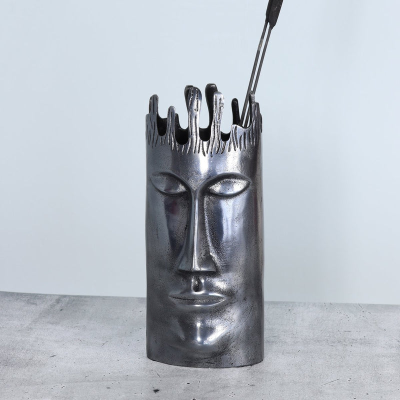 Aluminium vase with face high, 17 x 17 x 37.5cm, antique silver