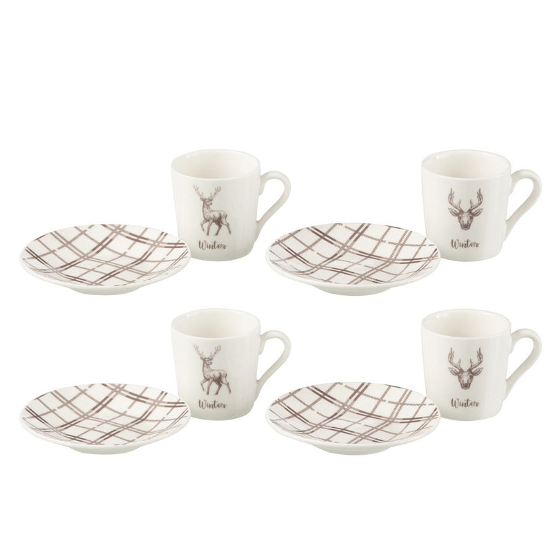 4er Set Tee Espresso Tassen mit Untertassen Rentier Design Keramik 80 ml Weiß Braun