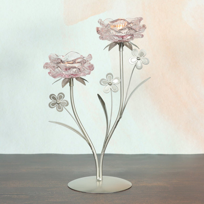 Decorative glass tealight holder flower for two tealights, 21.5 x 12.5 x 32 cm, pink - For romantic accents