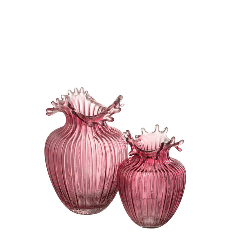 Glass vase with flower rim and lines – dark pink, 29 cm