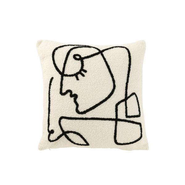 Artistic cushion with abstract face motif in bouclé, white black