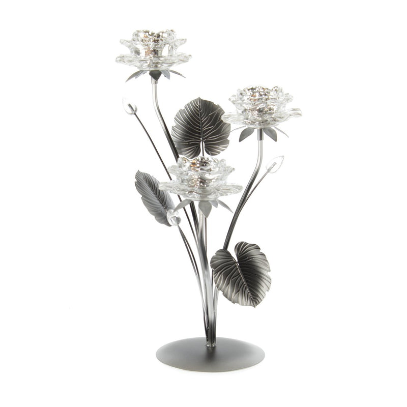 Dekorativer Glas-Teelichthalter Blume für drei Teelichte, 23 x 20 x 40 cm, silber- Für stilvolle Akzente