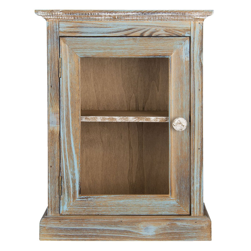 Rustic wall cabinet in brown and blue with glass door