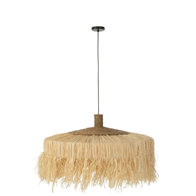 Round hanging lamp made of jute and raffia in natural colours