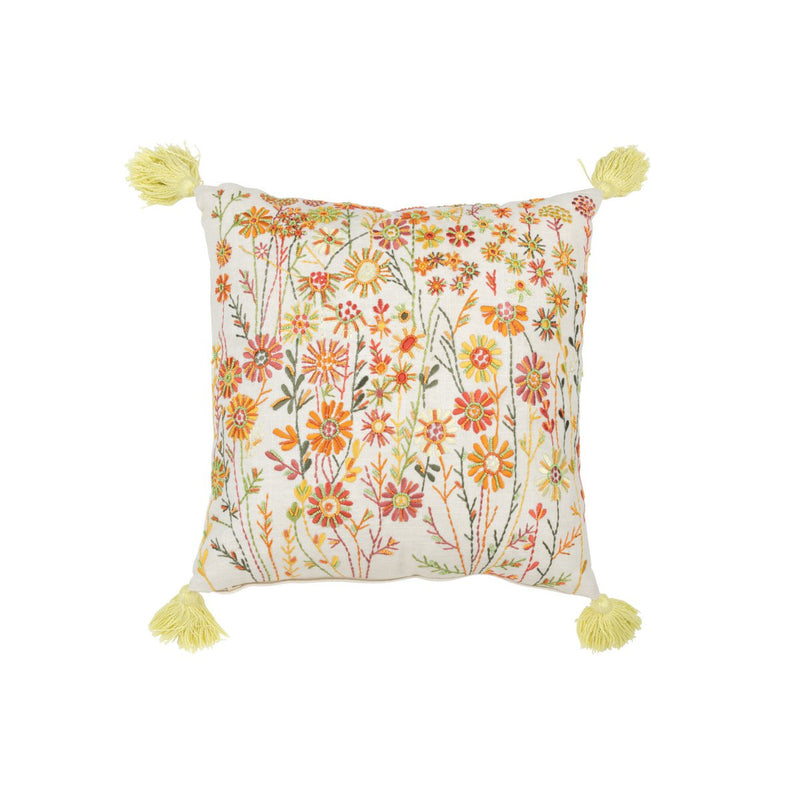 Floral cushion with tassels in white and orange