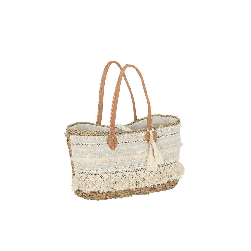 Jute Beach Bag 'Lace and Tassel' – Natural White, Small