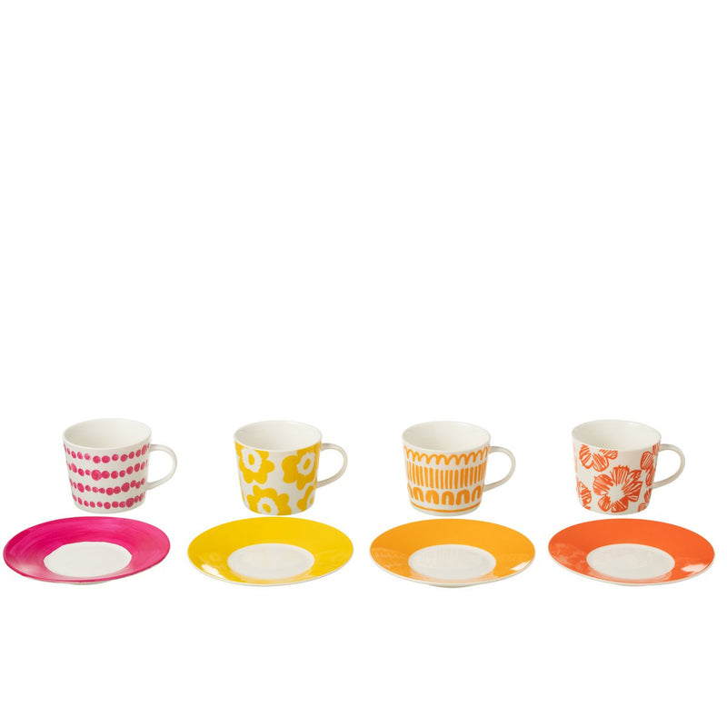 Set of 4 cups and saucers - Colorful ceramic design in gift box