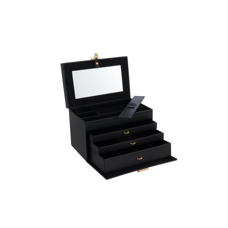 Elegant jewelry box with handle and mirror made of imitation leather in black