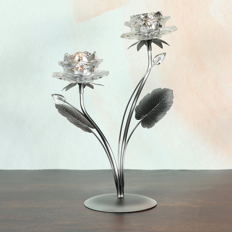 Decorative glass tealight holder flower for two tealights, 22.5 x 12.5 x 32.5 cm, silver - For stylish accents