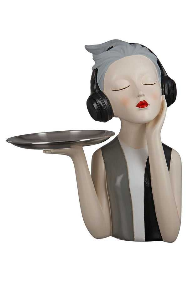 Figuur "LOVEMUSIC" met koptelefoon grijs/zwart/wit jurk met dienblad van roestvrij staal handgeschilderde sculptuur decoratieve figuur Beauty