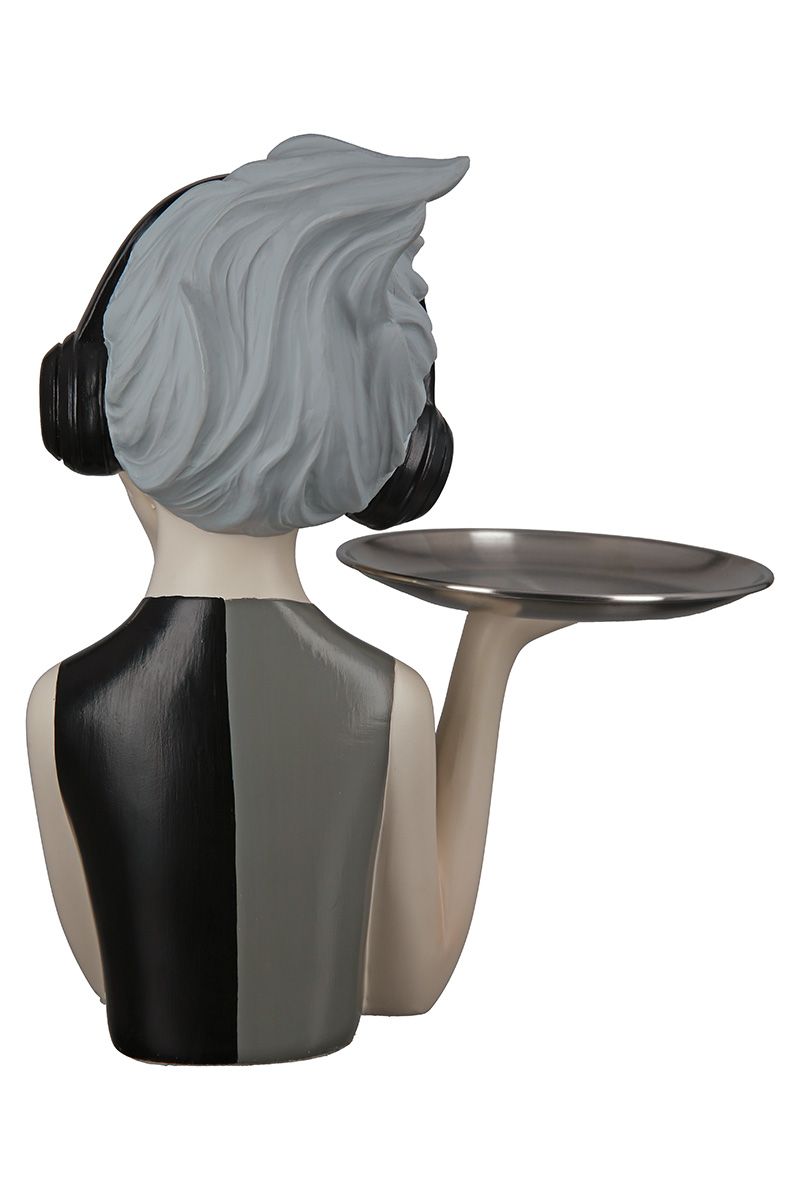 Figure "LOVEMUSIC" with headphones grey/black/white dress with tray made of stainless steel hand-painted sculpture decorative figure Beauty