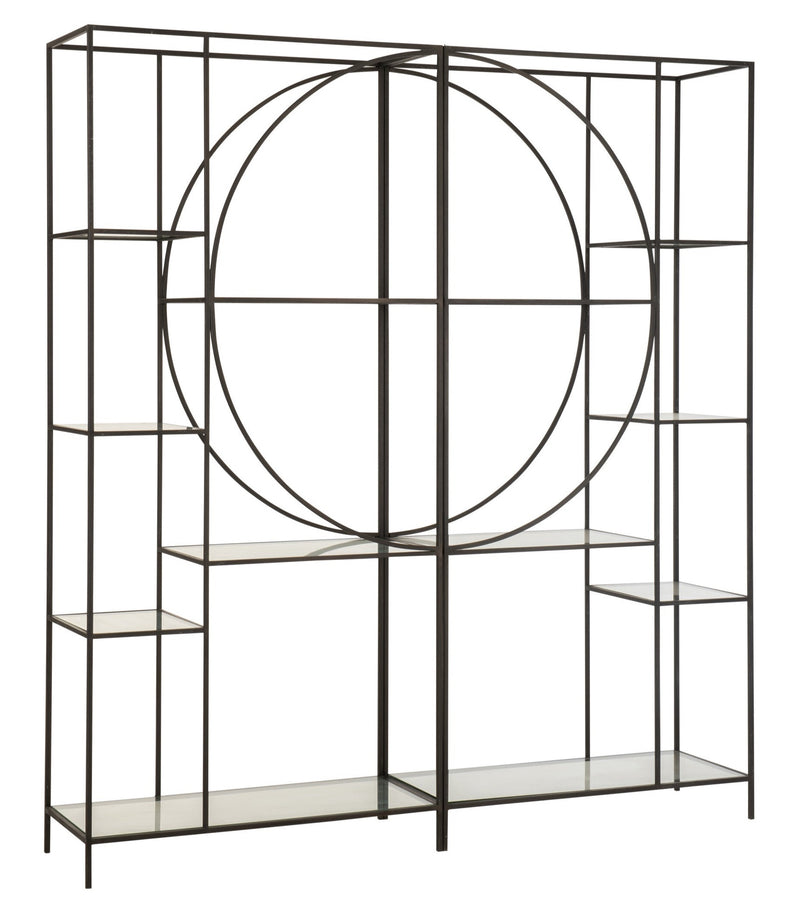 Elegant 2-part shelf Mixon in a circle design made of metal and glass in black