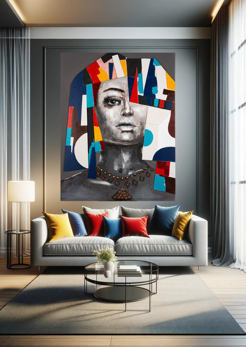 Hand-painted artwork 'Kira' on canvas with colorful mosaic background - Stylized representation