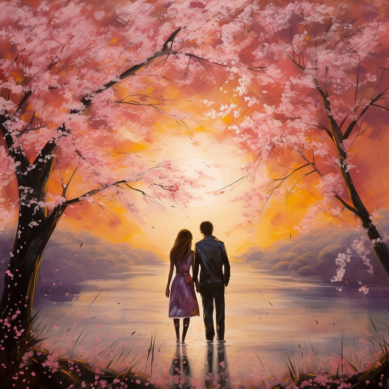 MF Romantic Canvas Wall Art - Couple in love under a cherry blossom tree