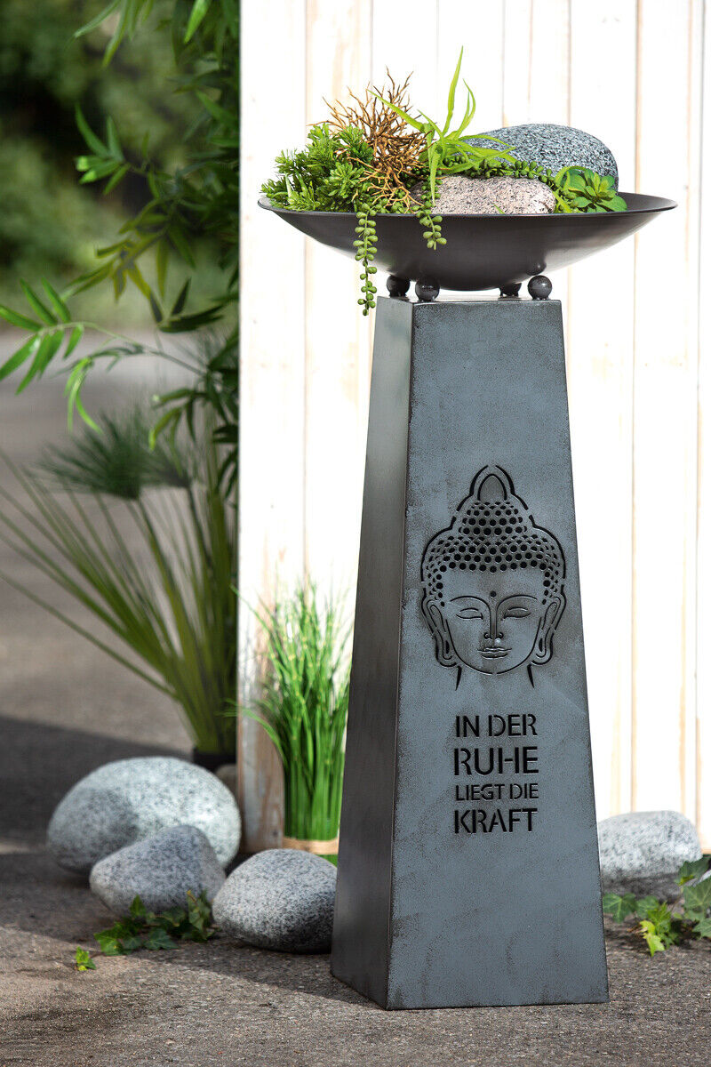 Säule Buddha mit Schale Metall grau Schalenständer Dekoschale Garten Haus