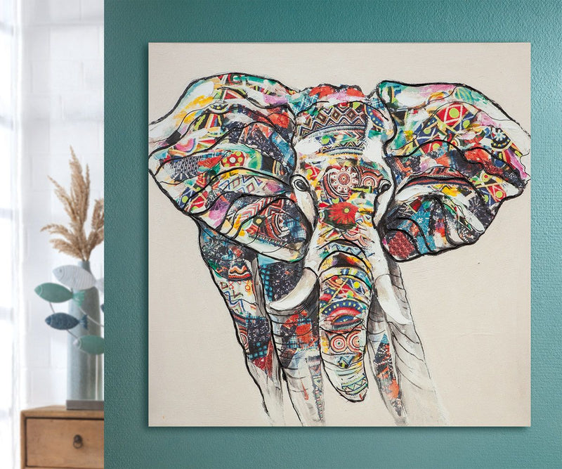 Bild "Bunter Elefant" Boho Design Deko bunt, auf Leinwand Höhe 100cm