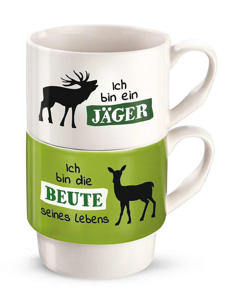 Hunting - 6x 2 pieces Set of stacking cups, white/green, "I am a hunter" + "I am the prey of his life", bone china, 330 ml