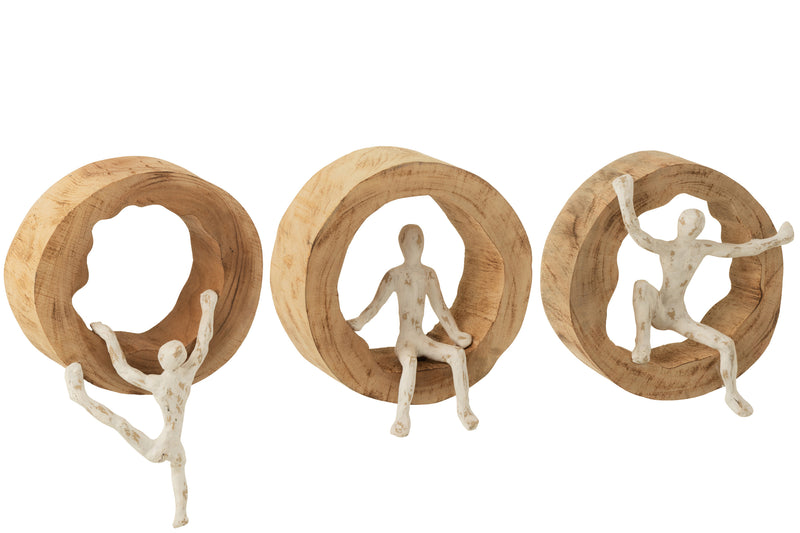 Climbing nature art 3-part wall decoration figure Mango wood/natural aluminium/white