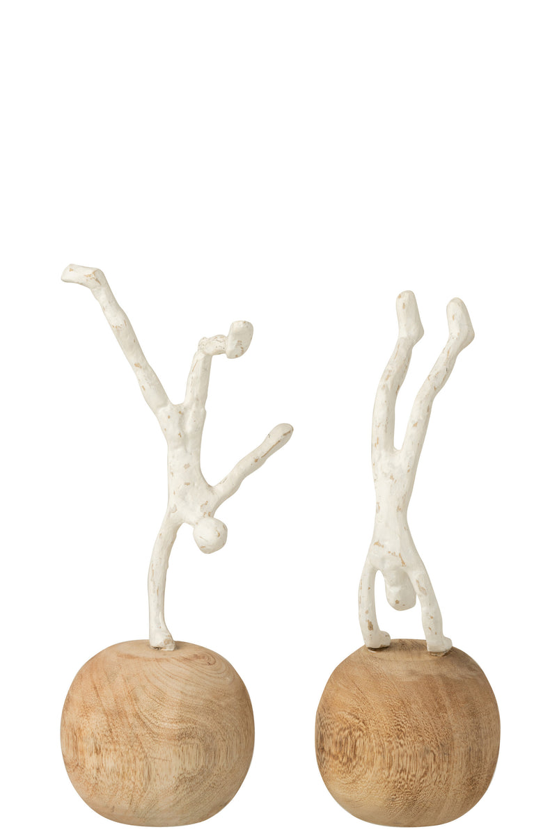 Set van 2 moderne kunst van natuurlijke materialen figuur op handen dun op voeten poly/mangohout naturel/wit