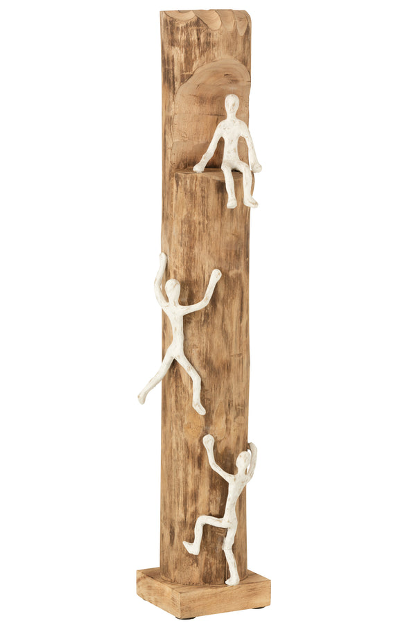 Naturel houten sculptuur met 3 klimmende aluminium figuren - Uniek woonaccessoire voor ieder huis