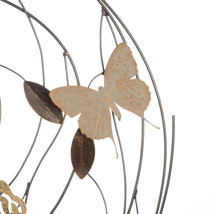 3D Metall Wandrelief Farfalle 70cm grau / hellbraun / goldfarben mit Schmetterlingen und Blättern