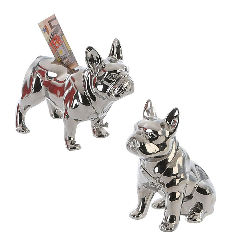 Spaarpot Bulli bulldog wit * zilver * zwart keramiek met zilveren halsband