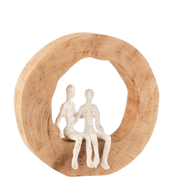 Handgemaakte sculptuur 'Connected Hearts' - Paar zittend in mangohout / aluminium frame - natuurlijk wit - moderne decoratie en cadeau-idee