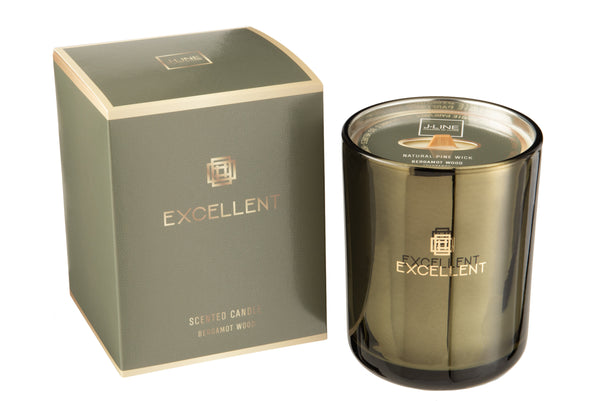 Exquisite fragrance experience: the scented candle Excellent Bergamot Wood Green Medium with a burning time of 80 hours and an elegant glass candle holder