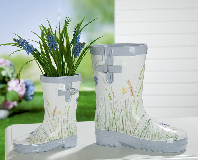 Set of 2 plant pots boots wildflower white with floral decoration height 25cm
