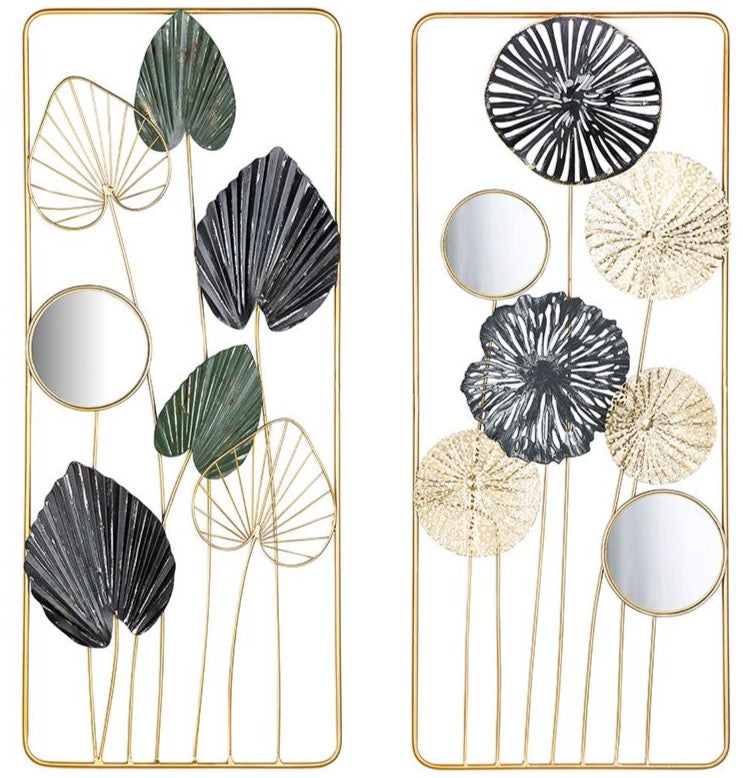 Set of 2 metal wall relief leaves/mirrors with Foglia gold/black/green frame