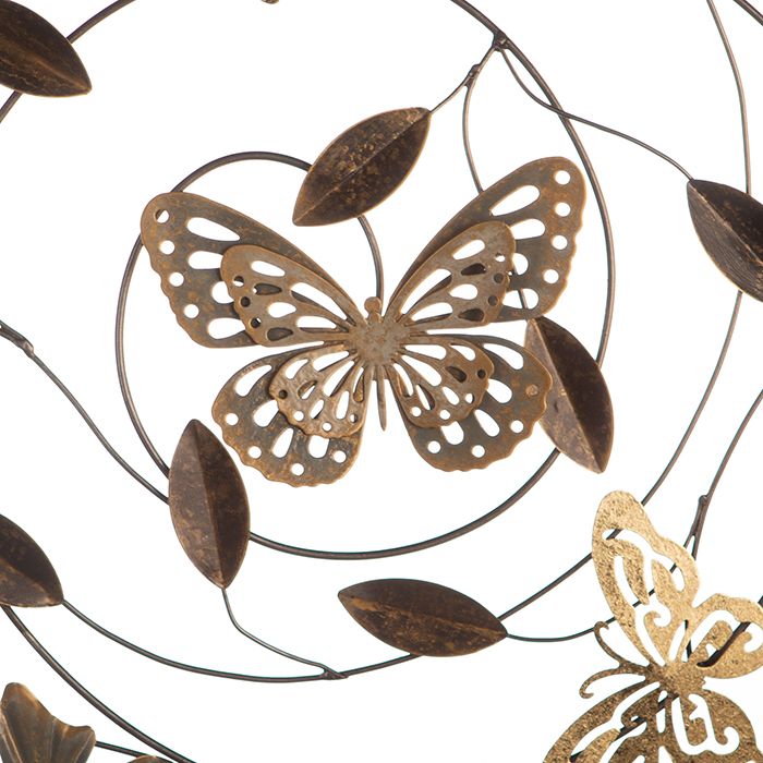 3D metalen wandreliëf Farfalle 70cm grijs/lichtbruin/goudkleurig met vlinders en bladeren